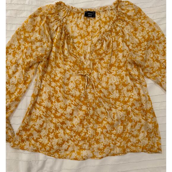 Vici Floral Long Sheer Blouse Women’s Medium Mustard Yellow Cottagecore Coquette - Picture 8 of 16